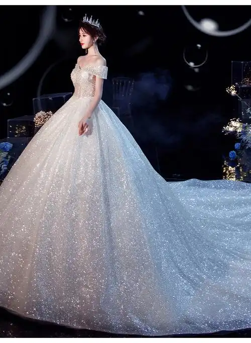 一字肩法式主轻婚纱2022新款拖尾星空小个子新娘超仙气质森系梦幻