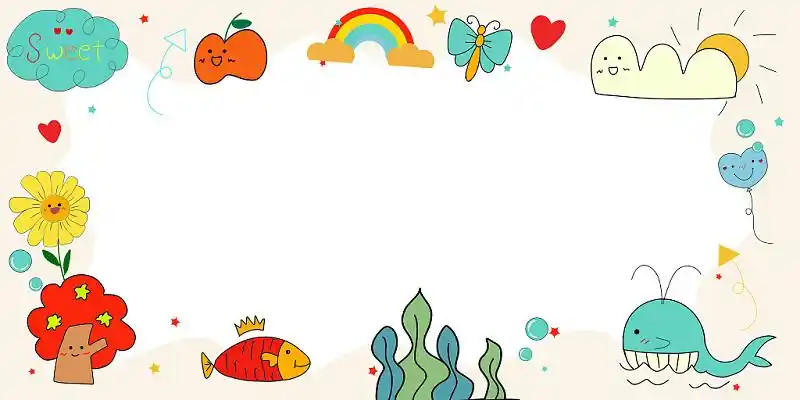 浅黄边框云朵鱼彩虹树花手绘图案文艺可爱小清新简约卡通展板背景卡通